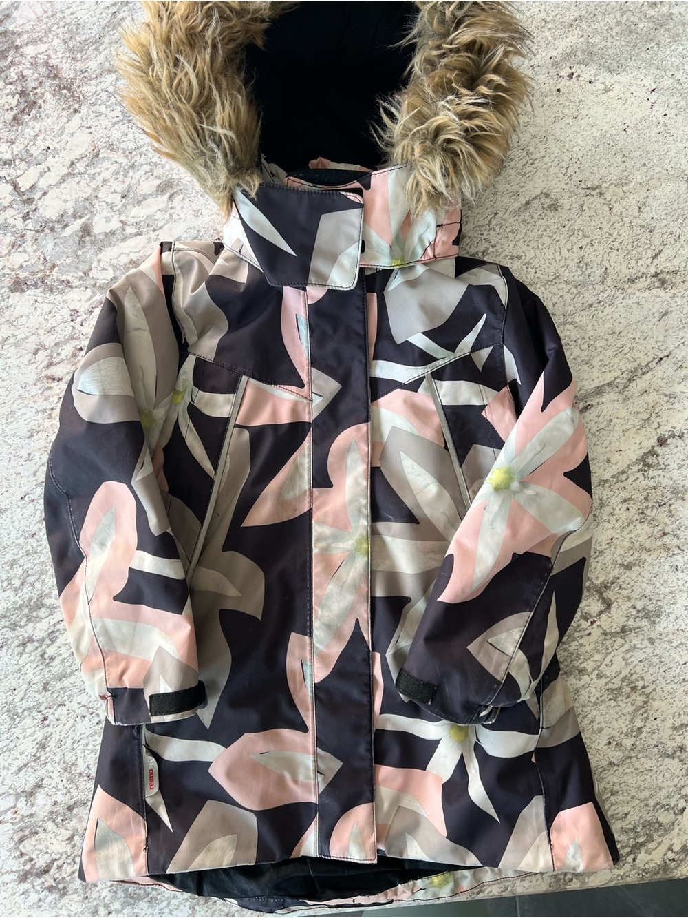 Reima Girls Floral Print Winter Coat with Faux Fur Hood - Pink & Black